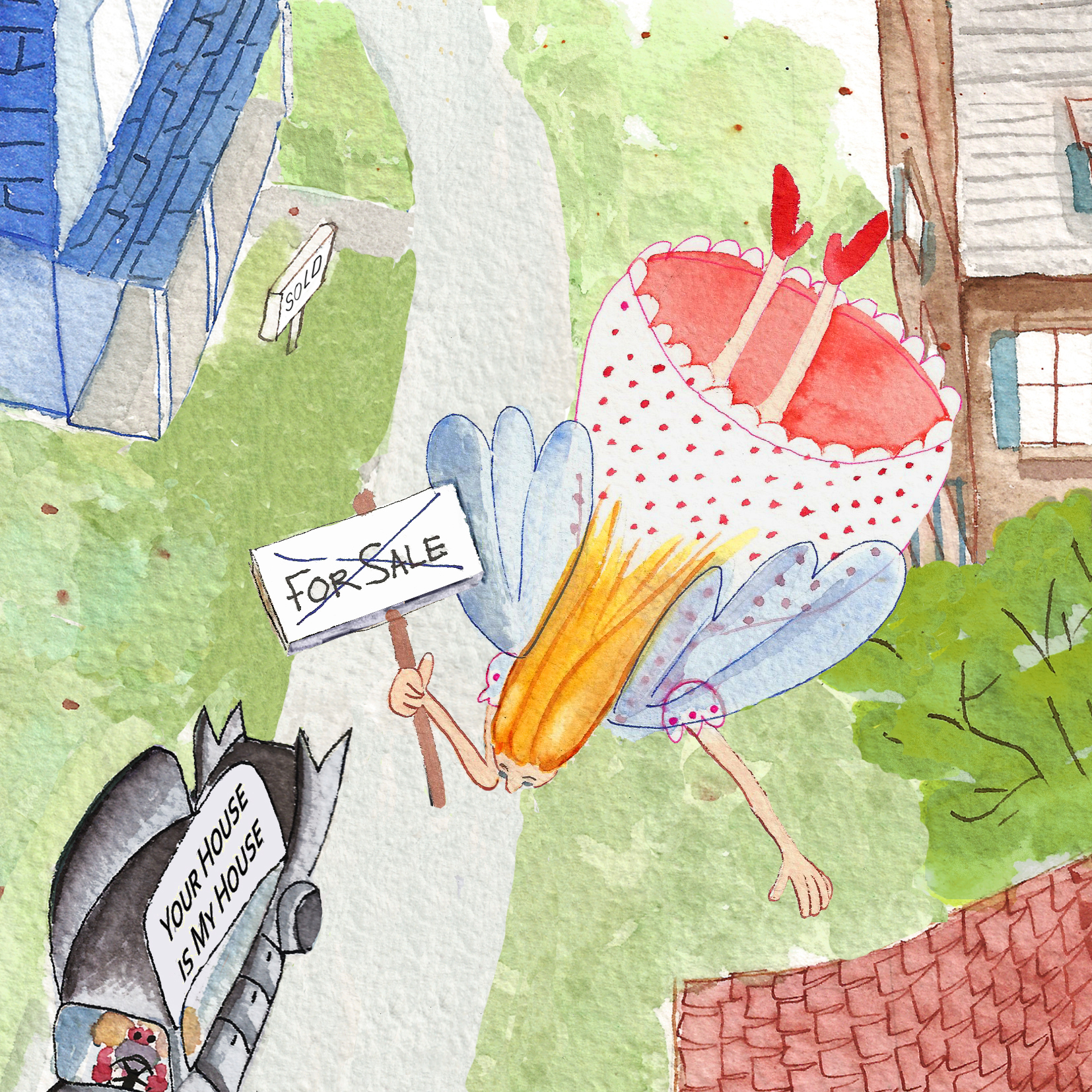 Sherry saw a "For sale" sign On their front lawn. Illustrated by Harriet Goitien