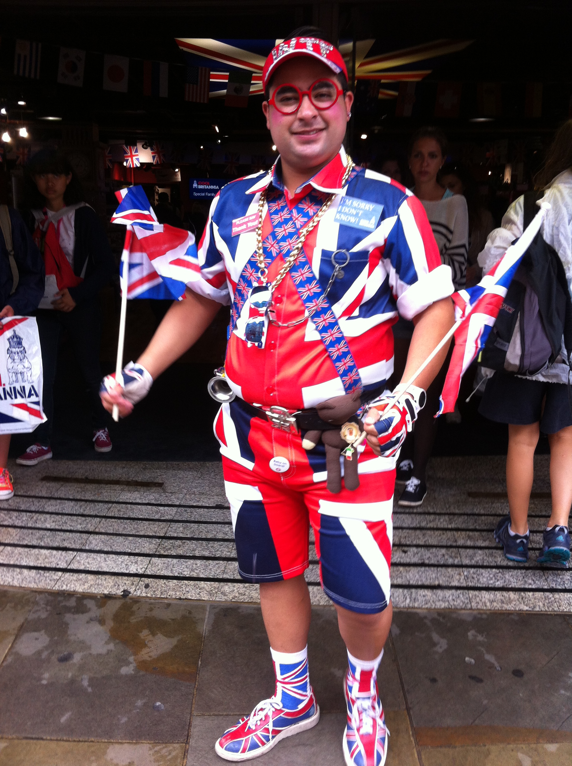 an extremely patriotic guy wearing the British Flag