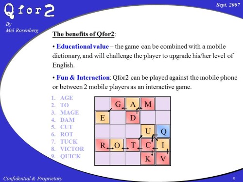 Qfor2 is a word game invented by Mel Rosenberg that was never commercialized