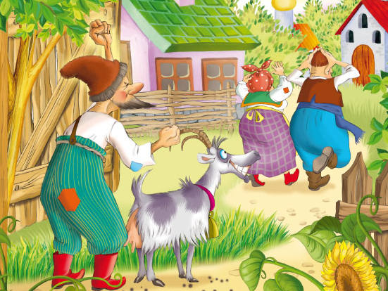 Були собі дід та баба. Поїхав дід на ярмарок та й купив собі козу. Привіз її додому, а рано на другий день посилає дід старшого сина ту козу пасти. Пас, пас хлопець її аж до вечора та й став гнати додому.