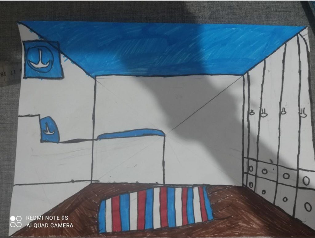 שם העבודה - תרגיל ציור חדר בפרספקטיבה - נקודת מגוז בעבודה זו היה צריך לצייר חדר תוך שימוש בטכניקה של נקודת המגוז והפרספקטיבה