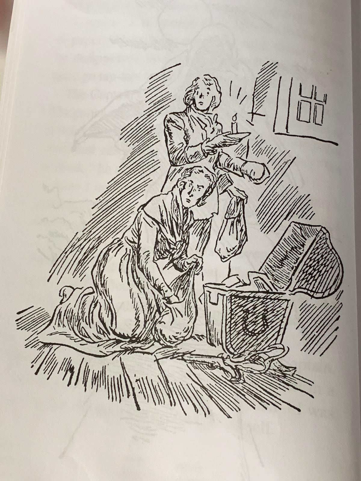 In this picture the pirates came to attack the Hawkins family. Jim Hawkins and his mother were very scared, they ran to the top floor of their house and took their money and all the gold. They then quickly left their home and went to Dr. Libsey who was their friend