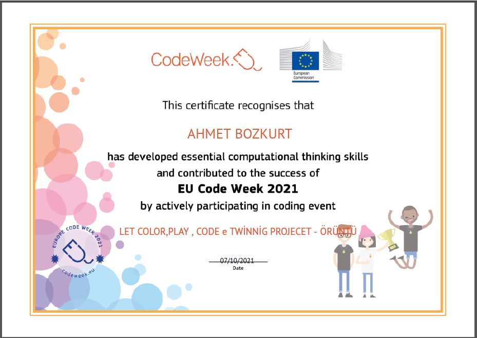 Let’s Color Play Code e Twinning Project – Code Week Certificates for Pattern Work by sukran - Illustrated by Şükran Yenigelen - Ourboox.com