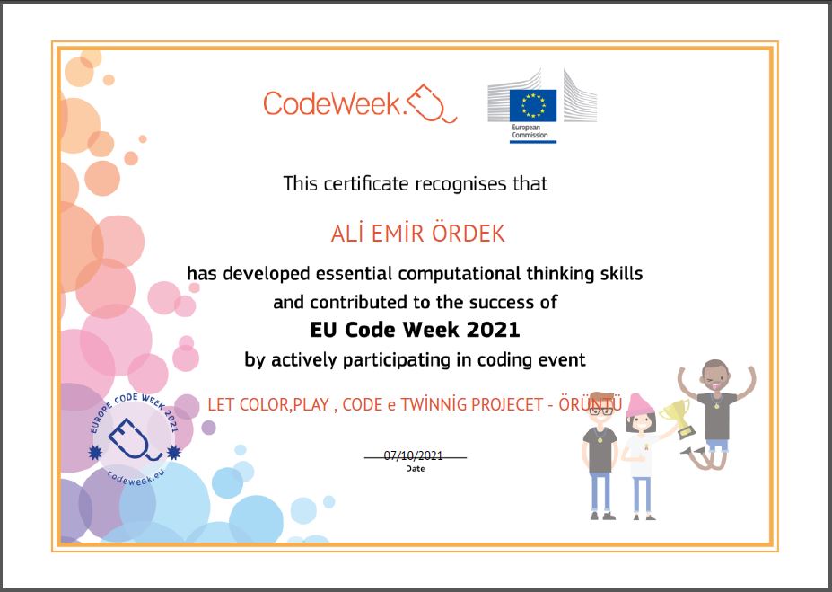 Let’s Color Play Code e Twinning Project – Code Week Certificates for Pattern Work by sukran - Illustrated by Şükran Yenigelen - Ourboox.com