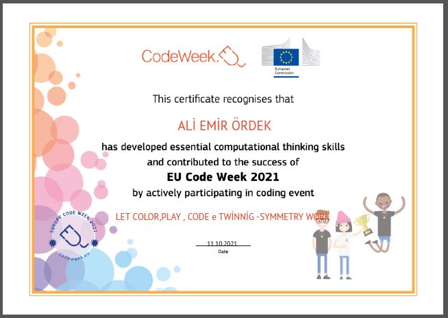 Let’s Color Play Code e Twinning Project – Code Week Certificates on Symmetry Studies by sukran  - Illustrated by Şükran Yenigelen - Ourboox.com