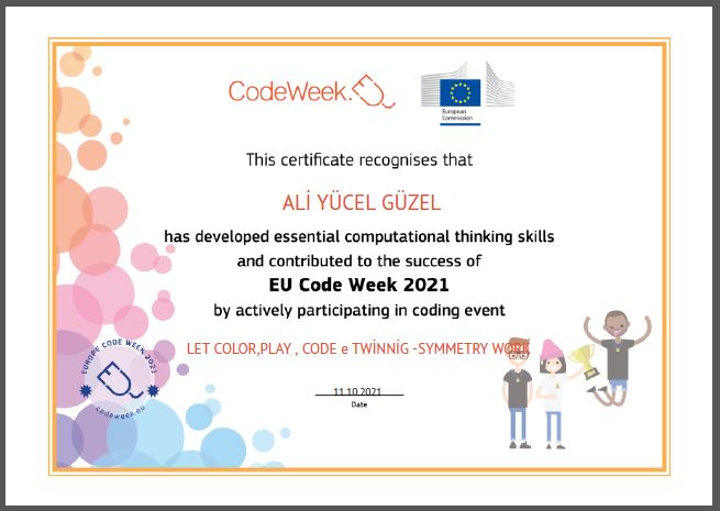 Let’s Color Play Code e Twinning Project – Code Week Certificates on Symmetry Studies by sukran  - Illustrated by Şükran Yenigelen - Ourboox.com