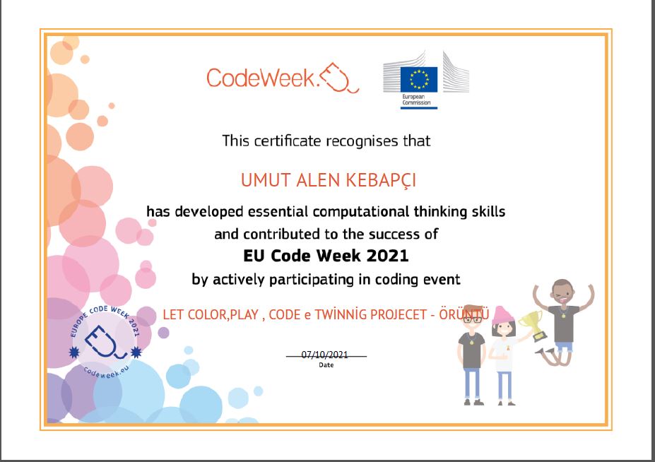 Let’s Color Play Code e Twinning Project – Code Week Certificates for Pattern Work by sukran - Illustrated by Şükran Yenigelen - Ourboox.com