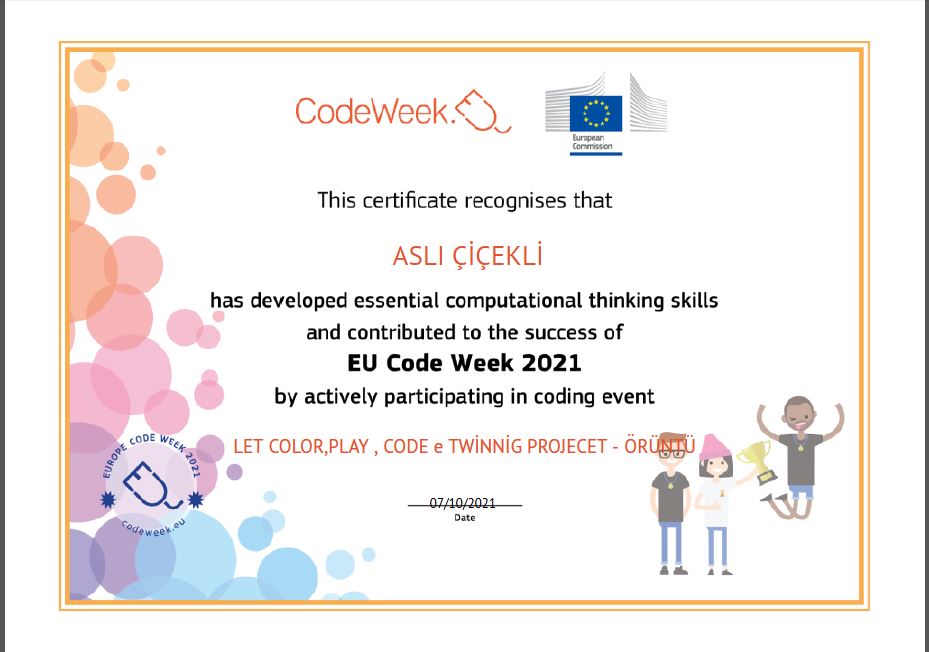 Let’s Color Play Code e Twinning Project – Code Week Certificates for Pattern Work by sukran - Illustrated by Şükran Yenigelen - Ourboox.com