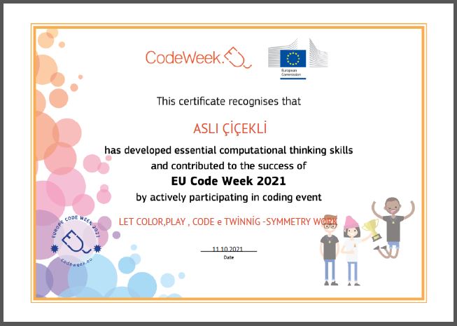 Let’s Color Play Code e Twinning Project – Code Week Certificates on Symmetry Studies by sukran  - Illustrated by Şükran Yenigelen - Ourboox.com