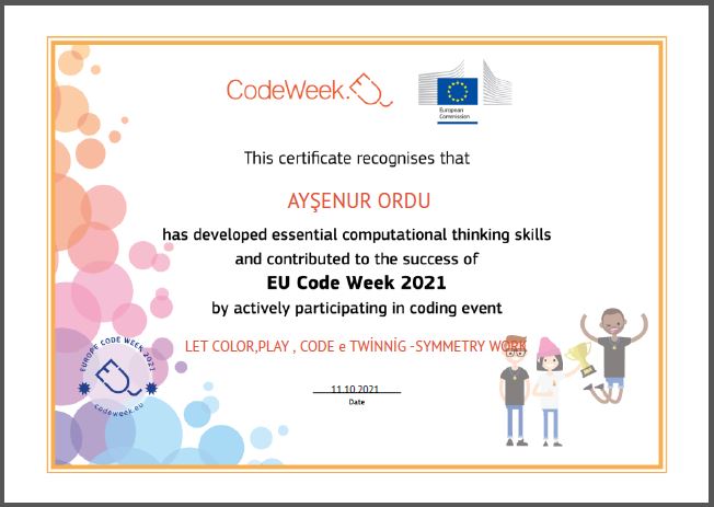 Let’s Color Play Code e Twinning Project – Code Week Certificates on Symmetry Studies by sukran  - Illustrated by Şükran Yenigelen - Ourboox.com