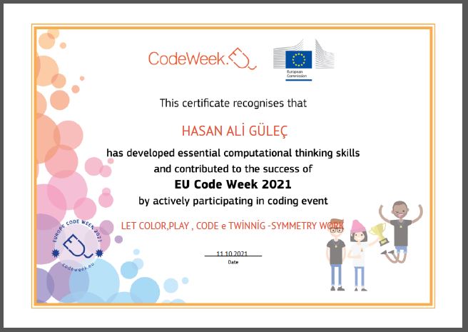 Let’s Color Play Code e Twinning Project – Code Week Certificates on Symmetry Studies by sukran  - Illustrated by Şükran Yenigelen - Ourboox.com