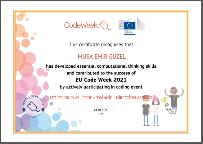 Let’s Color Play Code e Twinning Project – Code Week Certificates for Direction Arrows Work by sukran  - Illustrated by Şükran Yenigelen - Ourboox.com