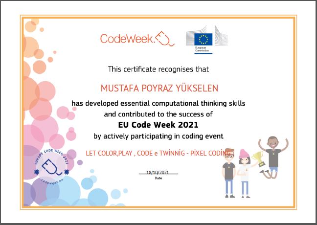 Let’s Color Play Code e Twinning Project – Code Week Certificates for Pixel Coding Studies by sukran  - Illustrated by Şükran Yenigelen - Ourboox.com