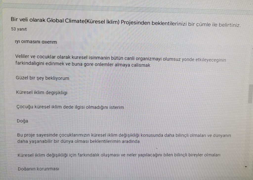 GLOBAL CLIMATE (İKLİM DEĞİŞİKLİĞİ) PROJESİ VELİ ÖN ANKET ANALİZİ by Leyla Karatosun - Ourboox.com