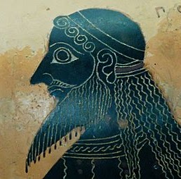 Чорнофігурний вазопис Стародавньої Греції. Фрагмент розпису «шийної» амфори з Вульчі: голова Посейдона, Вазописець Амасіса