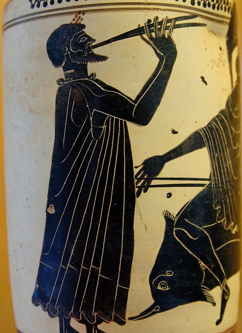 Чорнофігурний вазопис. Гра на авлосі. Палермо, Регіональний археологічний музей Антоніо Салінаса (Палермо)