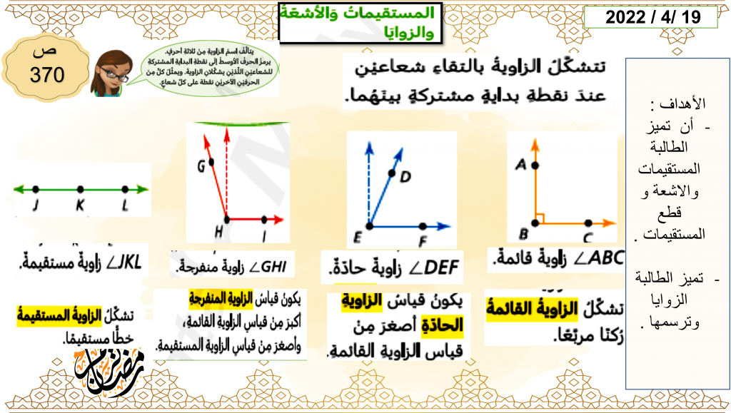 المستقيمات والاشعة والزوايا للصف الرابع by haya - Ourboox.com