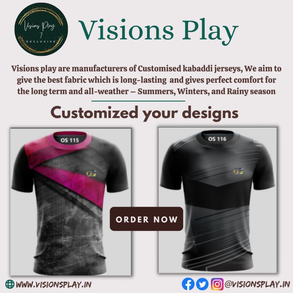 Visions Play by visions play - Illustrated by Visions play is manufacturer of Customized Cricket/football/volleyball/kabaddi/basketball, etc Jersey Manufacturer in Delhi Sweat proof and stretchable and can be used in all seasons summers, winters, and rainy seasons. Materials which we use are to make jerseys are dot net fabric, Crown net, Micro PP, breathable mesh. Our Stitching process for customized cricket jerseys is up to the make, we will make sure all stitches are done in the best also the jersey which is made goes through a proper stitching process. We give the option of Unlimited Color and design which can be given by the customer. We are leading manufacturers in Delhi and can cater all across the world. The fabric of the Tshirt – Round/collar/V Neck/chinese collar neck t-shirt The fabric of Shorts – Dotnet/Crownet fabric with stretchable lycra Types of Print we do on Jersey – Sublimation – Screen Print – rubbe - Ourboox.com