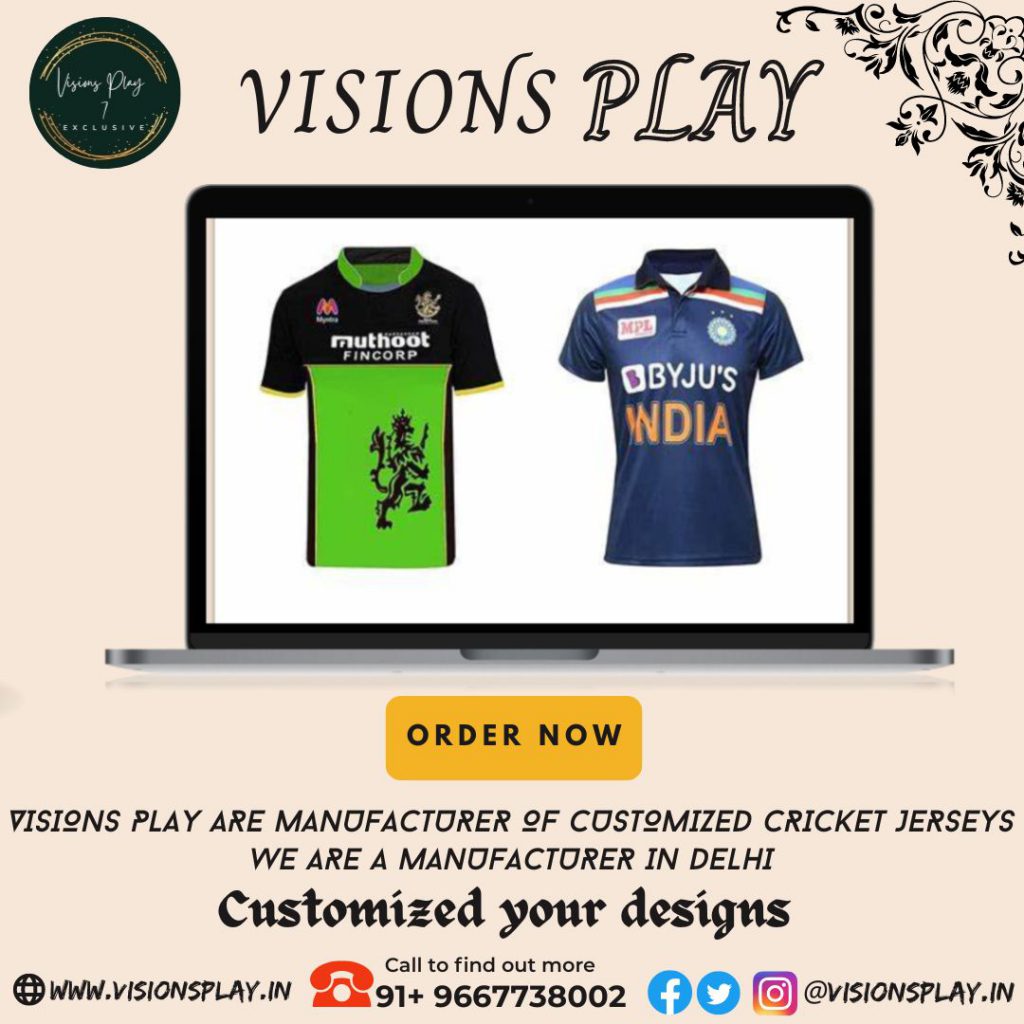 Visions Play by visions play - Illustrated by Visions play is manufacturer of Customized Cricket/football/volleyball/kabaddi/basketball, etc Jersey Manufacturer in Delhi Sweat proof and stretchable and can be used in all seasons summers, winters, and rainy seasons. Materials which we use are to make jerseys are dot net fabric, Crown net, Micro PP, breathable mesh. Our Stitching process for customized cricket jerseys is up to the make, we will make sure all stitches are done in the best also the jersey which is made goes through a proper stitching process. We give the option of Unlimited Color and design which can be given by the customer. We are leading manufacturers in Delhi and can cater all across the world. The fabric of the Tshirt – Round/collar/V Neck/chinese collar neck t-shirt The fabric of Shorts – Dotnet/Crownet fabric with stretchable lycra Types of Print we do on Jersey – Sublimation – Screen Print – rubbe - Ourboox.com