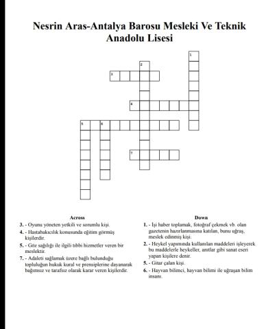 MESLEKLERLE İLGİLİ CROSSWORD BULMACA HAZIRLAMA by Melis SAĞIRLAR - Illustrated by Melis SAĞIRLAR - Ourboox.com