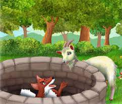 Tilkinin bu sözlerine inanan teke büyük bir iştahla kuyuya atladı. Susuzluğunu giderdikten sonra aklı başına gelir gibi oldu. Tilkiye: Eee! Şimdi buradan nasıl çıkacağız, diye sordu. Tilki: Sen hiç merak etme, önce ben çıkayım, oradan uzanır seni de çıkarırım, dedi ve hemen keçinin üzerine atladı, boynuzlarını basamak yaparak kuyudan dışarı çıktı. Teke heyecanla: Hadi şimdi de beni çıkar, deyince tilki ona şöyle seslendi: Teke arkadaş, öyle aptalca bekleyeceğine kuyuya atlamadan önce iyice düşünseydin.