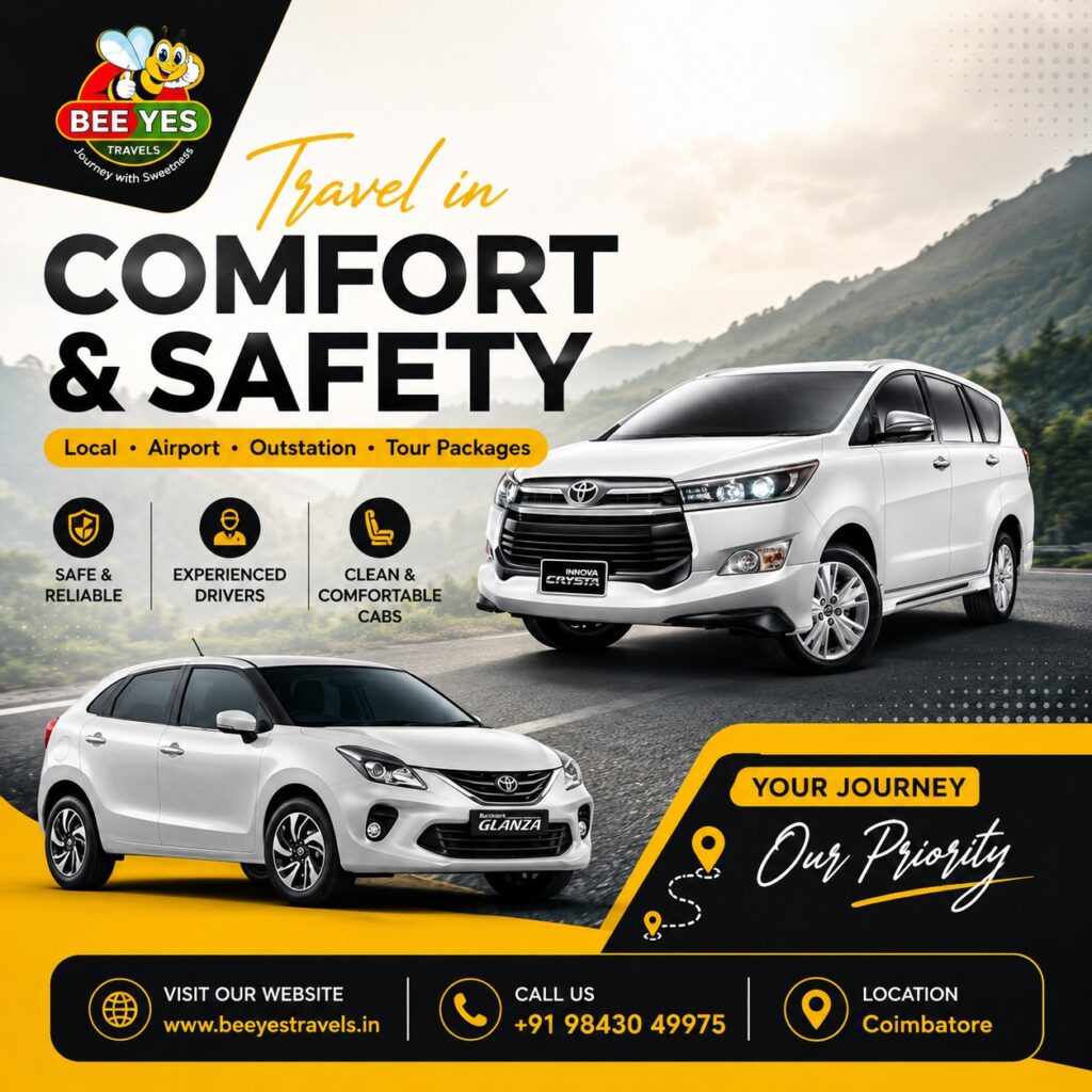 🚖 Bee Yes Travels | Best Taxi Service in Coimbatore | Airport Taxi | Ooty & Kerala Tours | Temple Tours | Safe, Comfortable & Affordable Travel.