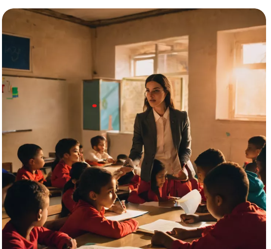 هكذا كان يبدو الطلاب مع المعلمه سارة دون اضاءة , بديل لذلك اضاءة الشمس