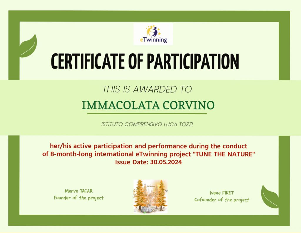 TUNE THE NATURE TEACHER CERTIFICATES OF PARTICIPATION by Didem Coşkunışık - Illustrated by TUNE THE NATURE Teachers