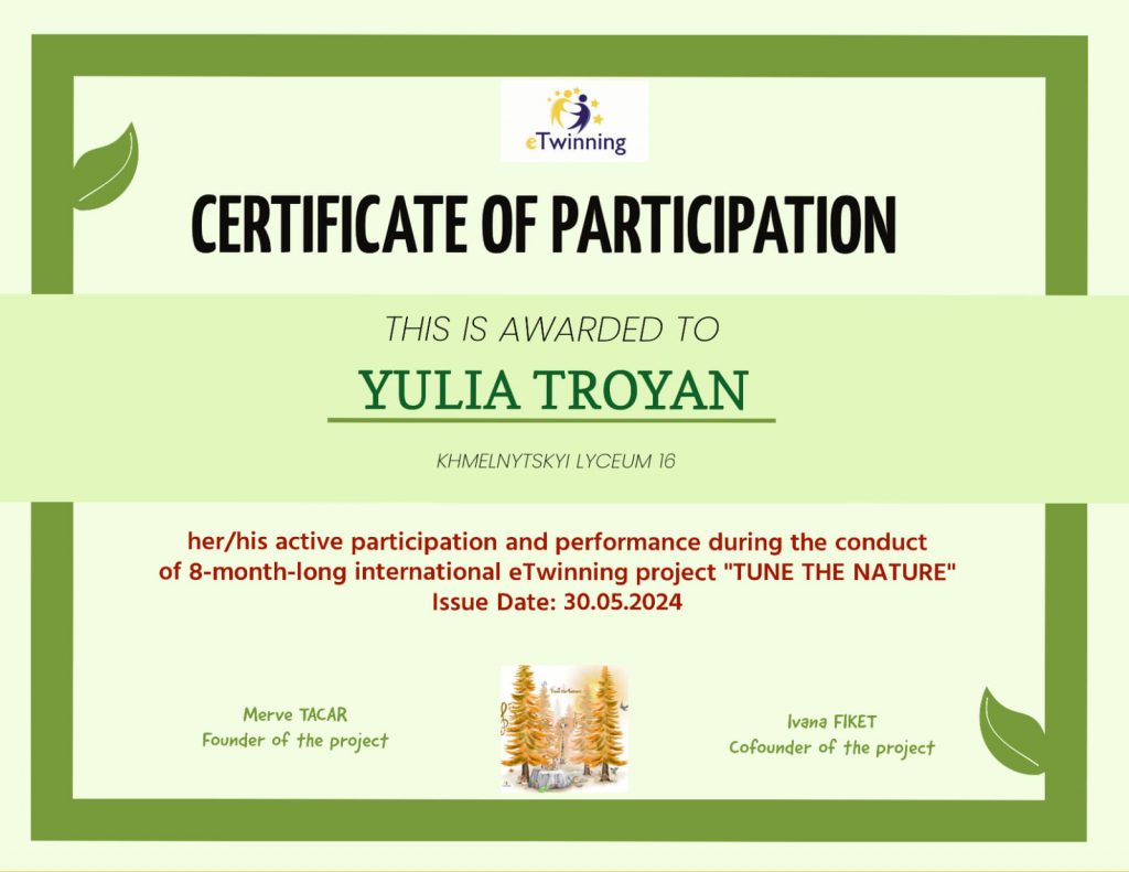 TUNE THE NATURE TEACHER CERTIFICATES OF PARTICIPATION by Didem Coşkunışık - Illustrated by TUNE THE NATURE Teachers