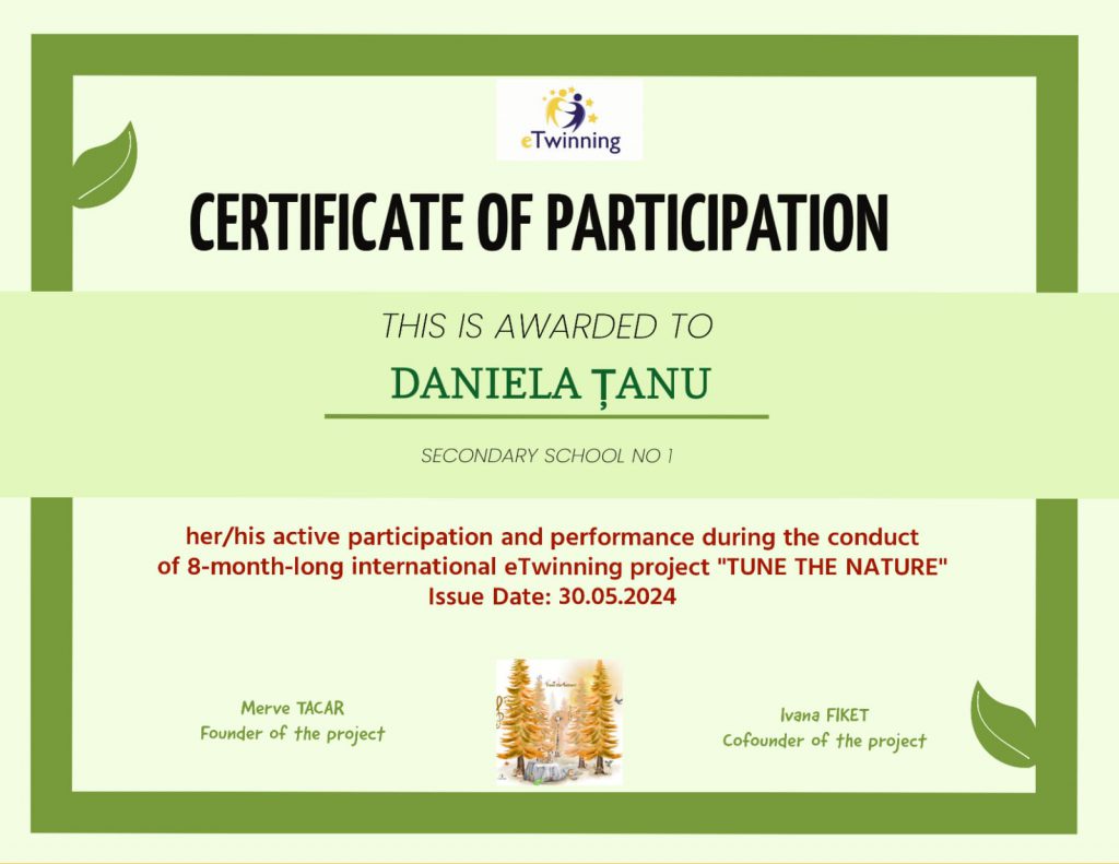 TUNE THE NATURE TEACHER CERTIFICATES OF PARTICIPATION by Didem Coşkunışık - Illustrated by TUNE THE NATURE Teachers