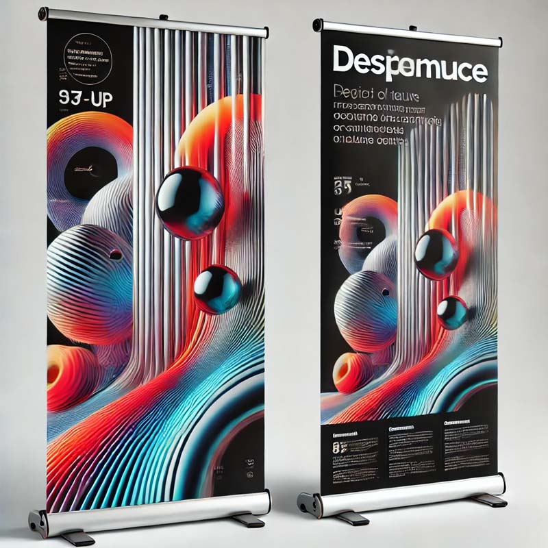 A hyper-realistic image of a sleek roll-up stand on a white background. The stand features vibrant and bold graphics with minimal text and a clean logo, supported by a polished metal frame. The banner has a slight sheen, highlighting the high-quality material and professional design