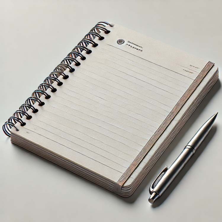 A hyper-realistic image of a spiral-bound notebook with an open page on a white background. The notebook has lined pages with smooth, slightly textured paper. The metal spiral binding is polished, and a simple, minimal logo is visible on the cover. A pen rests beside the notebook, giving it a professional and practical appearance, ideal for everyday use.