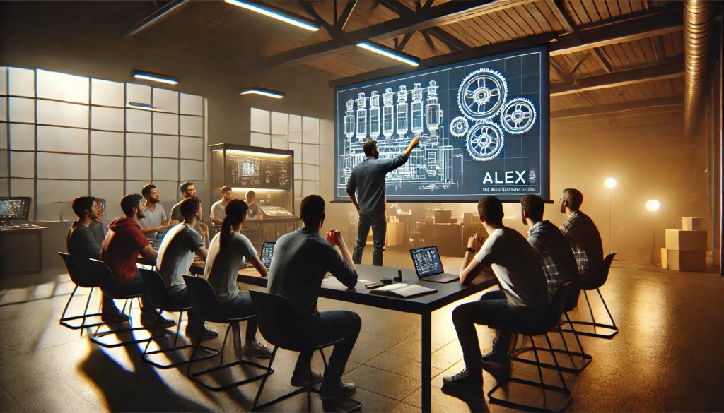 Here is the visual representation of the training room scene where Alex, the mentor, guides eager learners through a transformative journey, with the blueprint of a complex machine displayed on the projector.