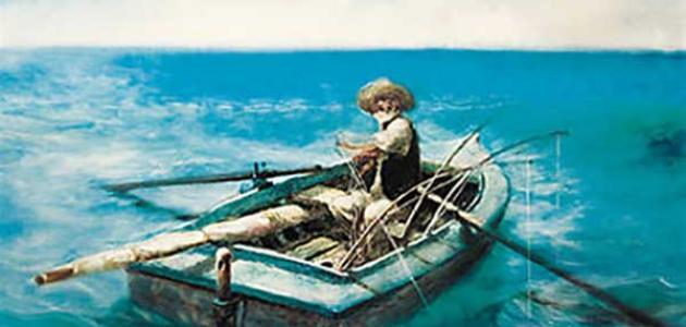 بعد أن جذّف كثيرًا، وتوغّل في البحر، رأى حبلًا يتحرّك، وتتعلّق بخُطّافه* سمكة عملاقة. لكنّ العجوز لم يستطع أن يرفعها لضخامتها. وسرعان ما سحبت القارب لتسبح به بعيدًا... طال الوقت، والسمكة ما زالت منطلِقة... لفّ العجوز الحبل على كتفه لئلّا يُفلت السمكة. أبصر من بعيد أضواء مدينة "هافانا"، فأدرك أنّ التيّار يتّجه صوب الشرق. كان العجوز يحدّث نفسه بصوت عالٍ ويقول: "آه لو كان الصبيّ معي في هذه الرحلة! إنّني لم أظفر بمثل هذه السمكة في حياتي... إنّها تستطيع أن تدمّرني إذا قفزَت، ولكن كيف لها أن تعرف أنّني رجل عجوز!".