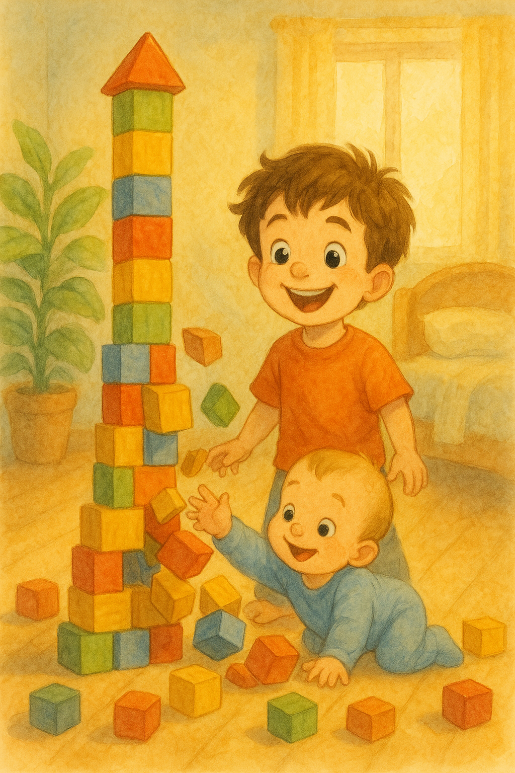 ליאו חייך. "אני חושב שאני רוצה לבנות מגדל חדש. אולי הפעם עם נועם? נלמד אותו לא להרוס."