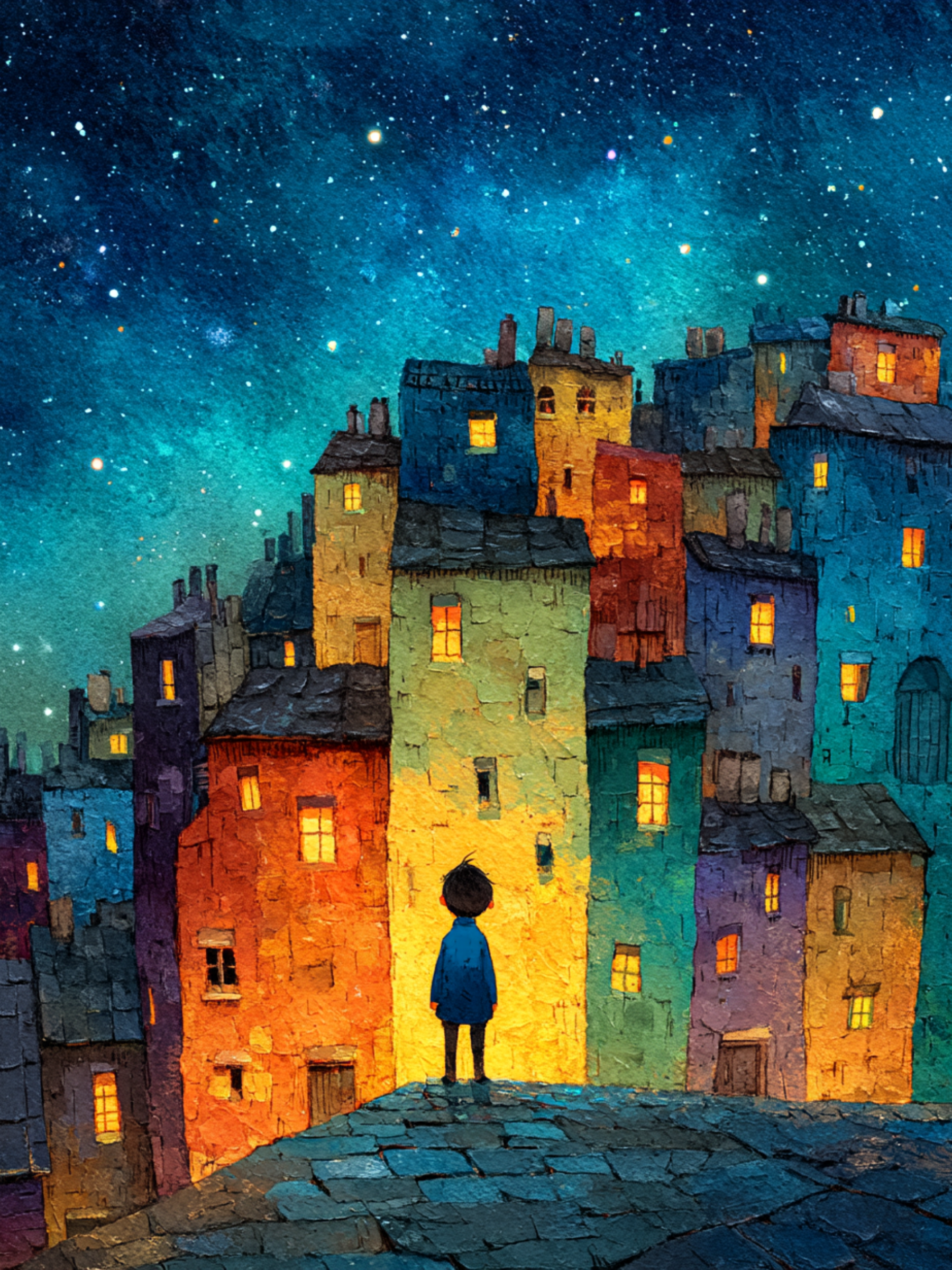 밤하늘 아래 작은 마을과 별을 바라보는 아이 일러스트