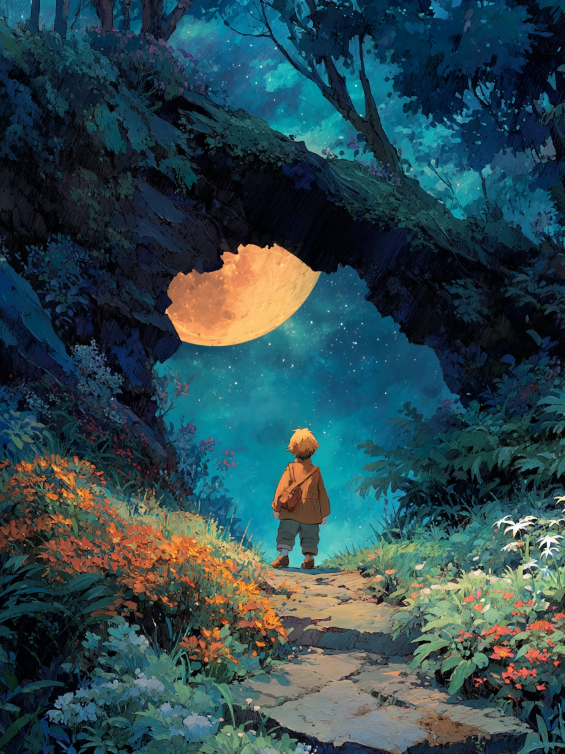 숲 입구에서 달빛을 받으며 서 있는 아이 일러스트