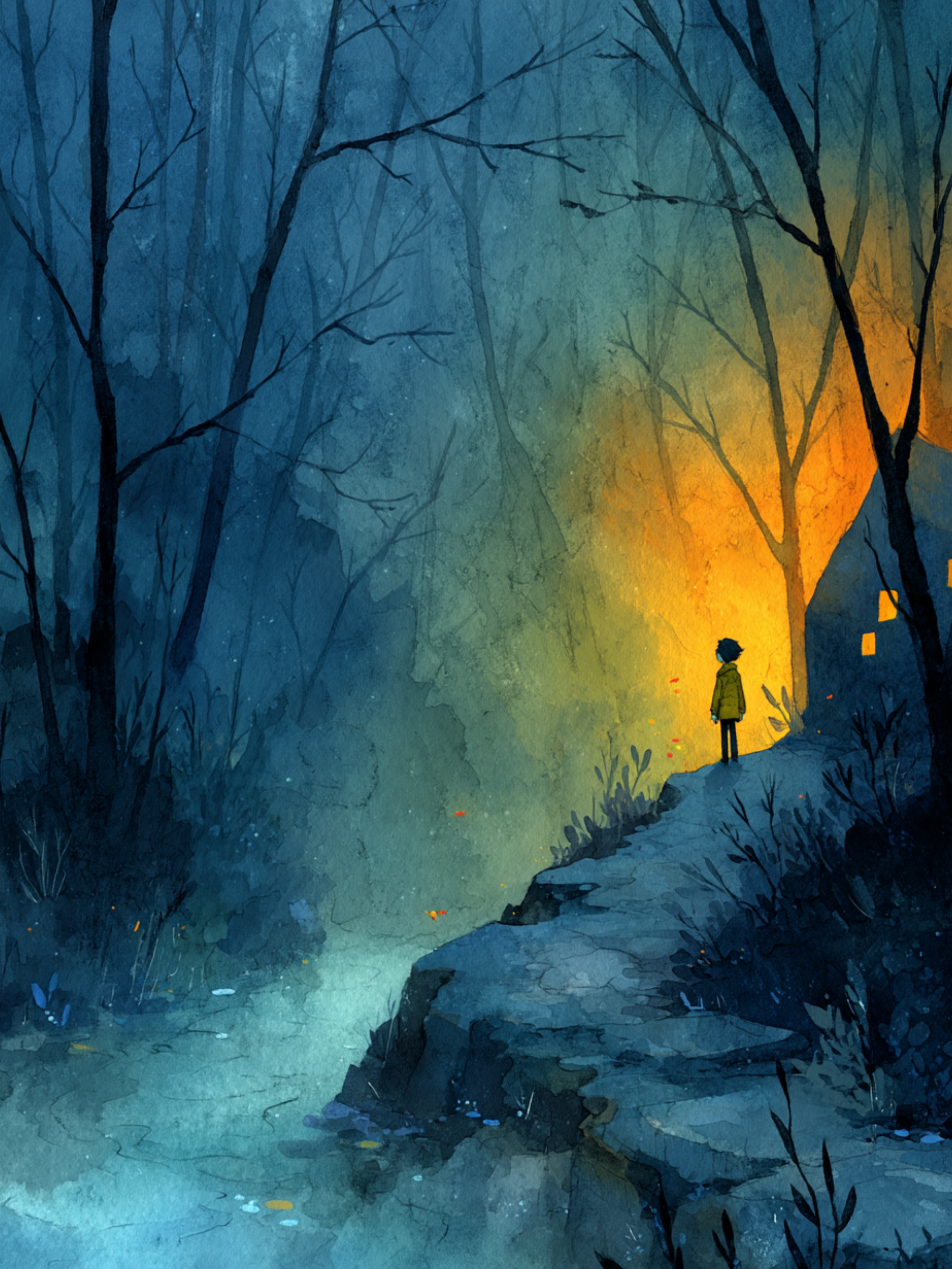 안개로 가득한 숲 속 희미한 길과 두려워하는 아이 일러스트