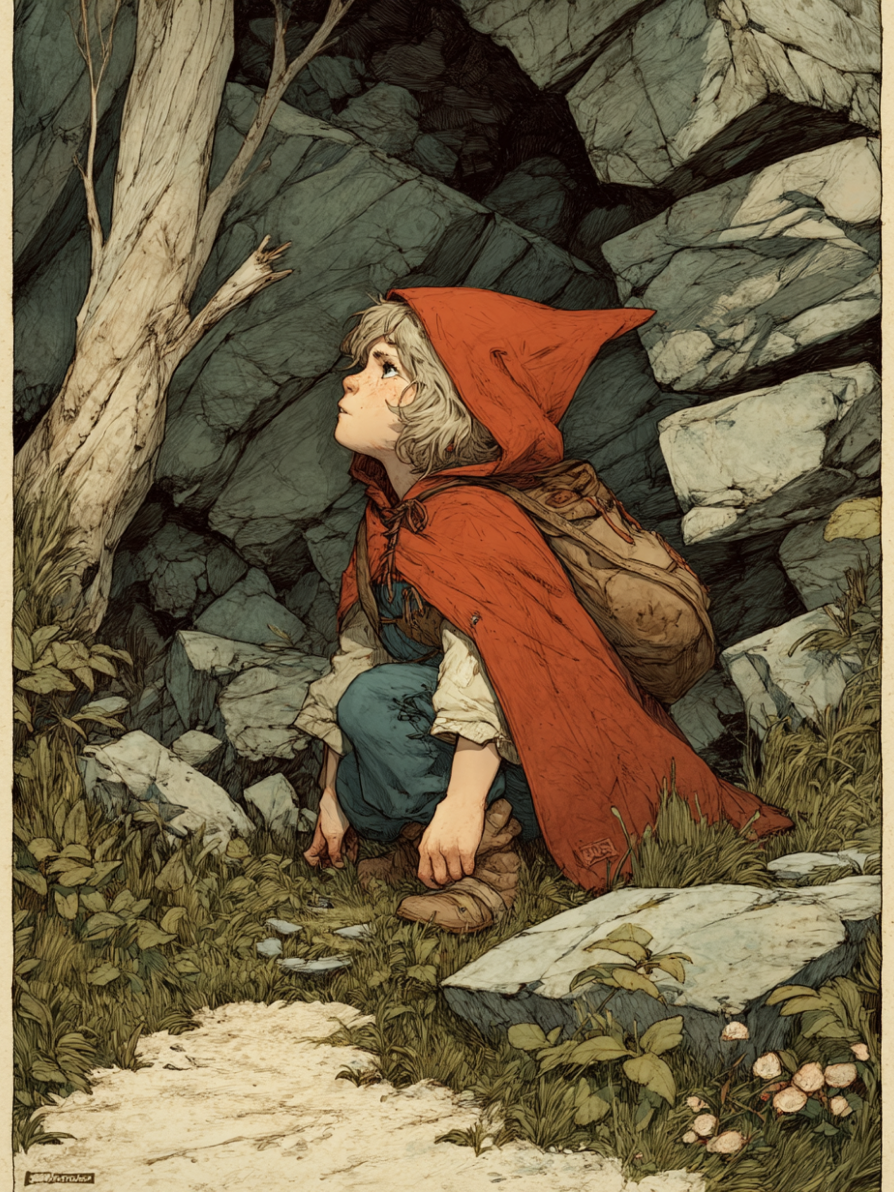 숲 속에서 귀를 기울이며 바람 소리를 듣는 아이 일러스트