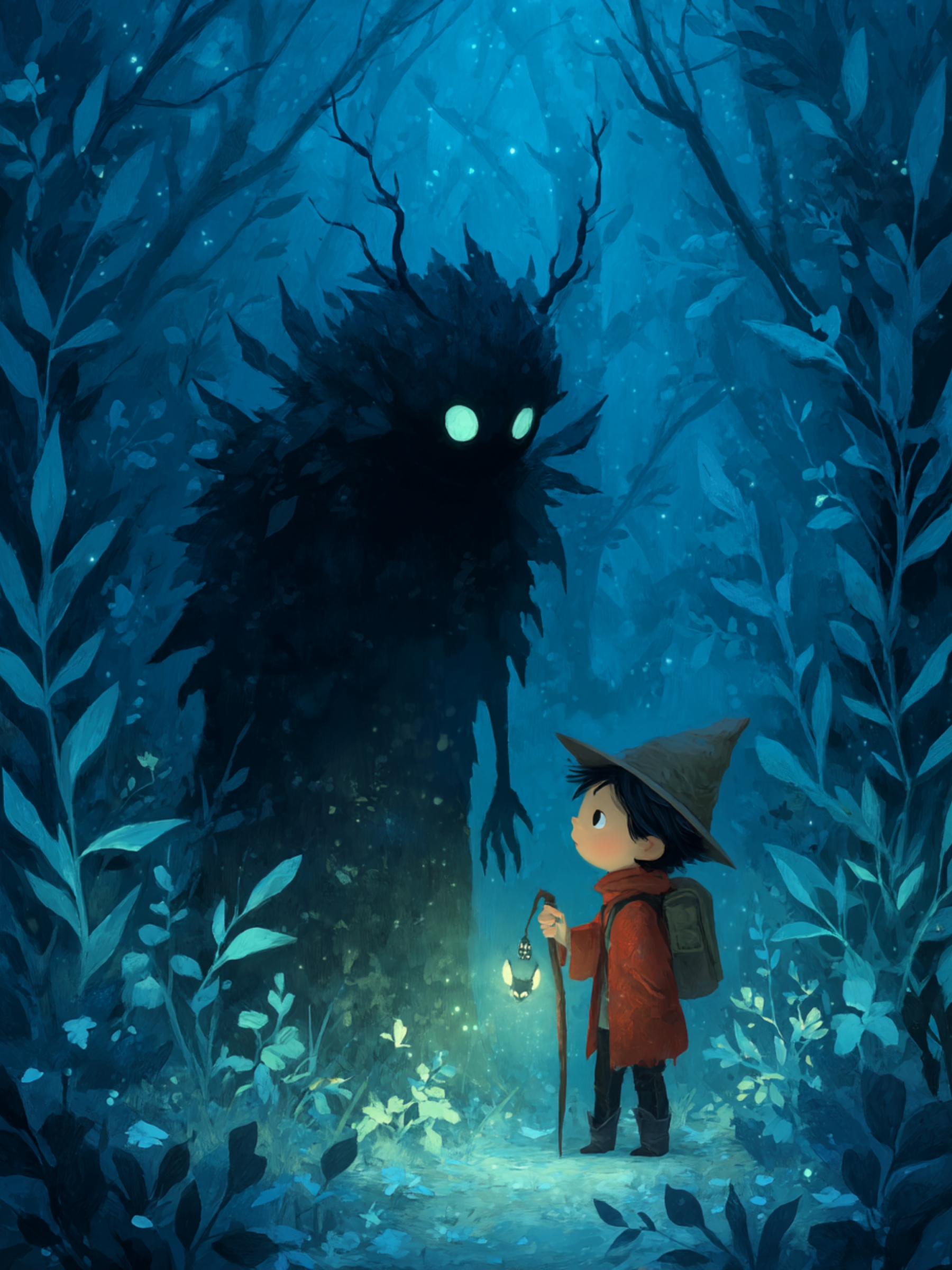 어둠 속에서 웃으며 아이를 유혹하는 그림자 요정 일러스트